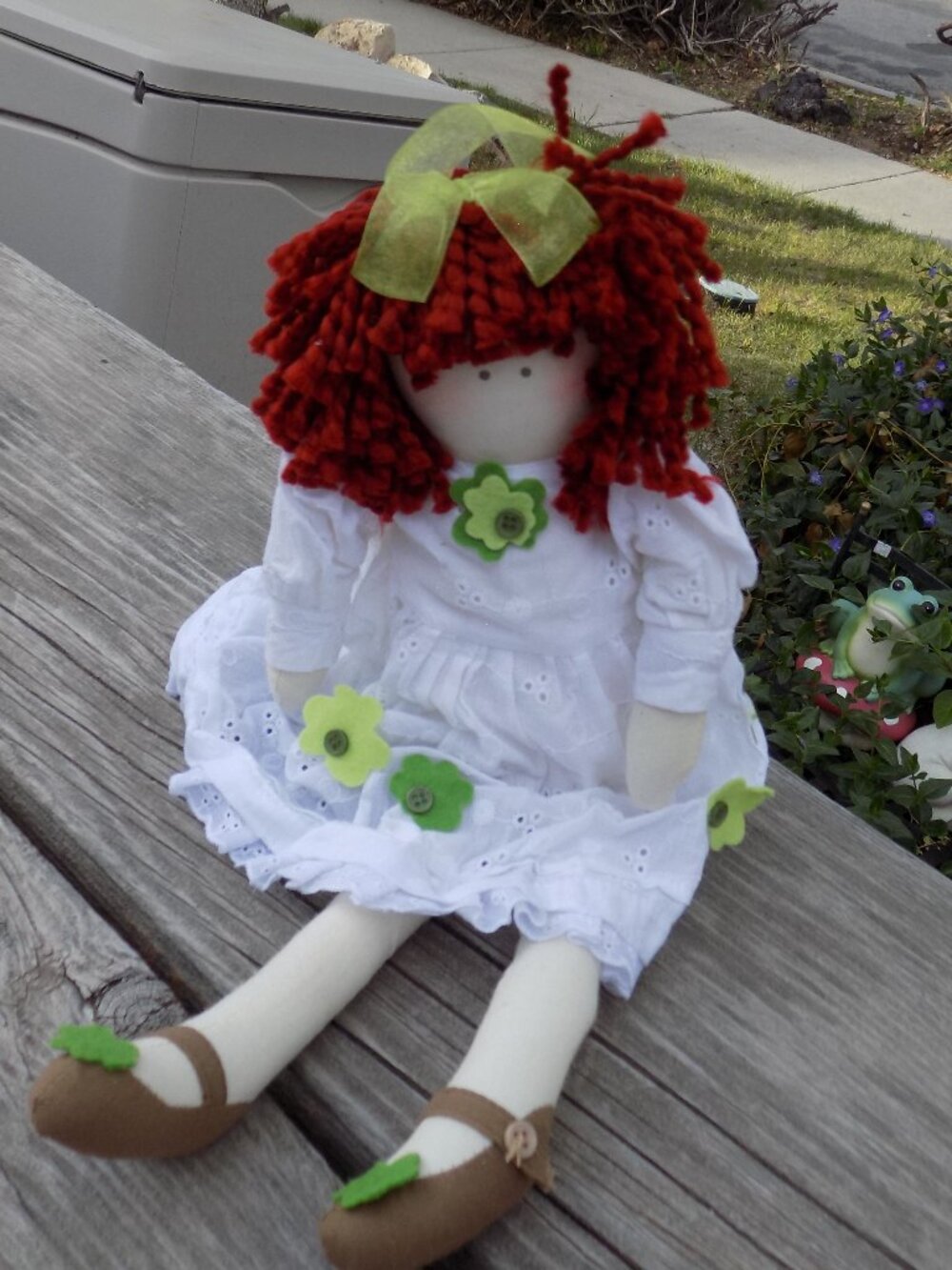 RAG CLOTH DOLL Shelf Sitter, White Dress Red Yarn Hair, Green Bow *